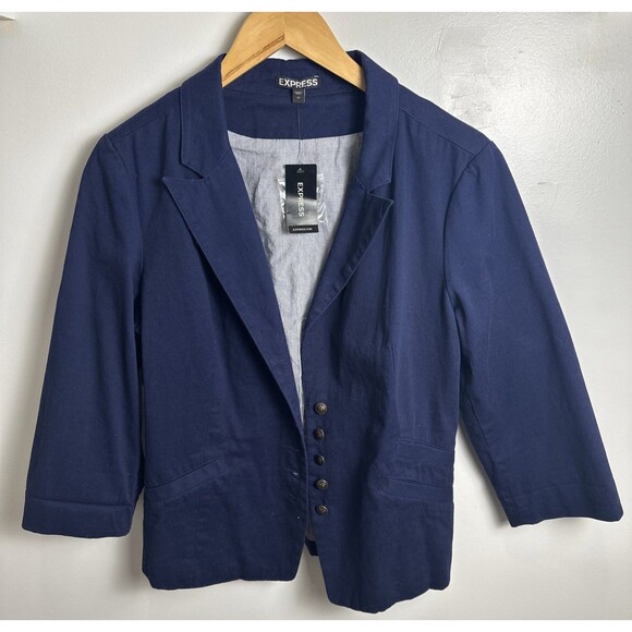 Express Navy Cotton 5 Brass Button Long Sleeve Blazer Sz 12 Slit Pockets - Picture 1 of 13